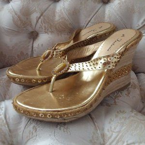 MY FANTASIA Gold Sequin Jewel Espadrille Thongs Wedges Heels Women Size 7.5